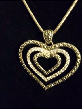 Vintage two tone marcasite & CZ sterling silver 925 double heart necklace